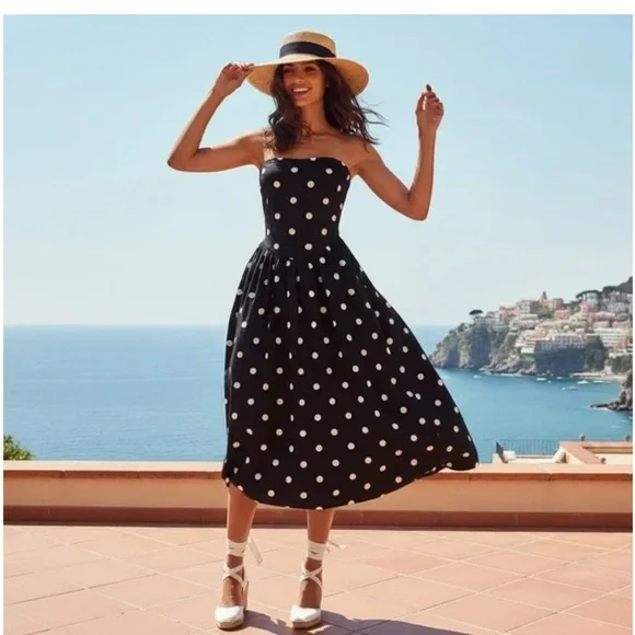 585. TULIP CREATIONS strapless polka dot balloon midi dress Sz L NWT - Picture 3 of 10